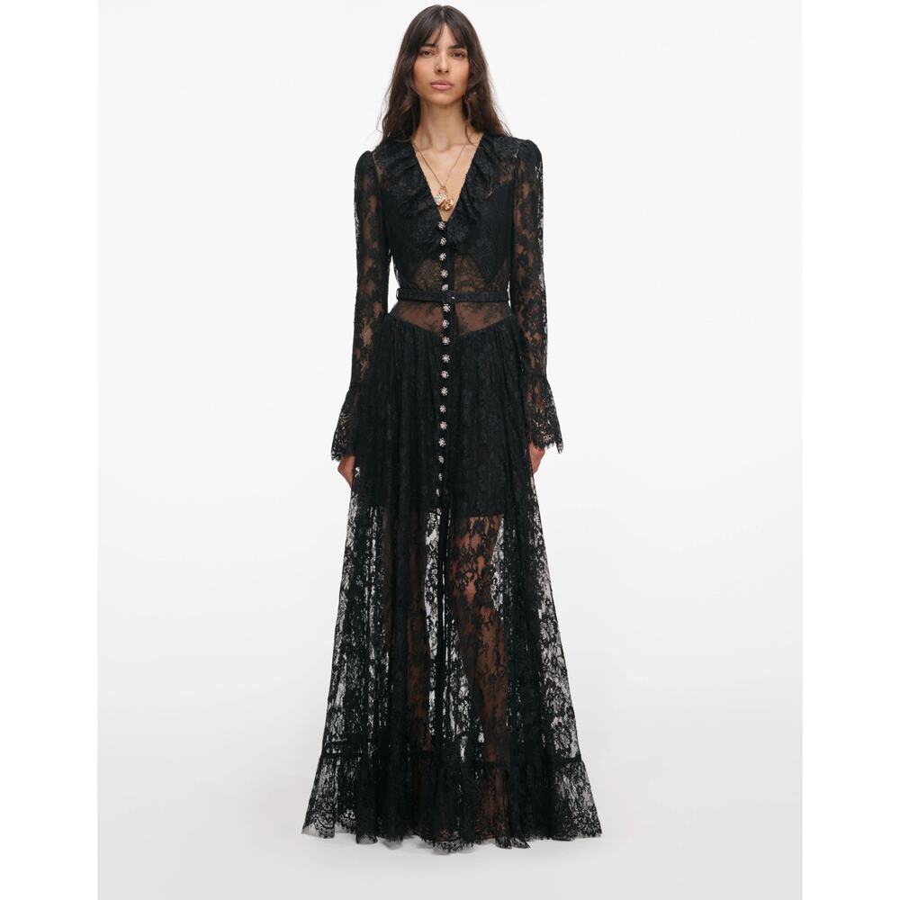 Self-Portrait Black Lace Ruffle Maxi Dress
